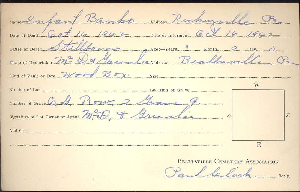 Banko Infant burial card